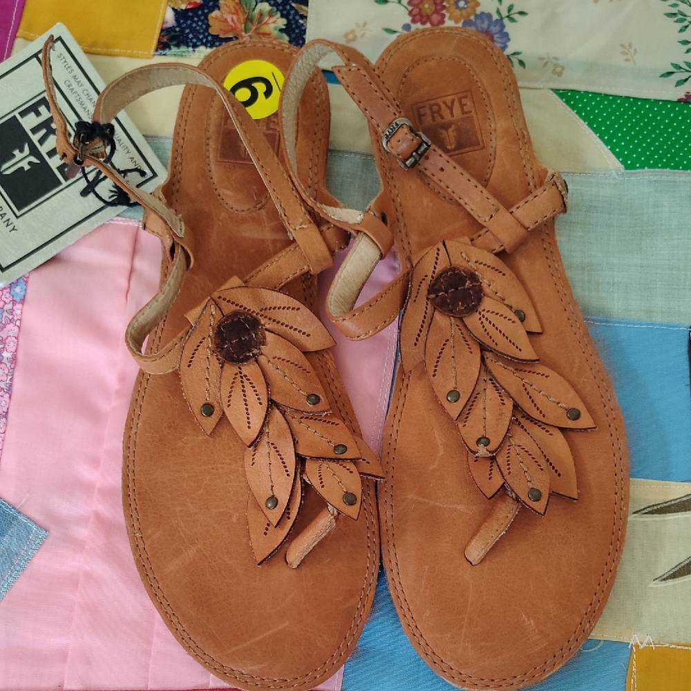 Frye Tan Leather Leaf Appliqué Sandals